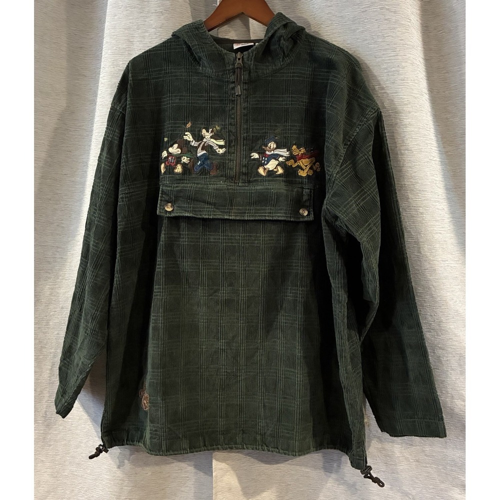 Vtg‎ Disney Store Embroidered Jacket Sz L Green Hooded Pullover 1/4 Zip Oversize